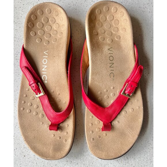 Vionic Shoes - Vionic Womens Thongs Flip Flops Size 6 Red LeatherArch Support Buckle Strap